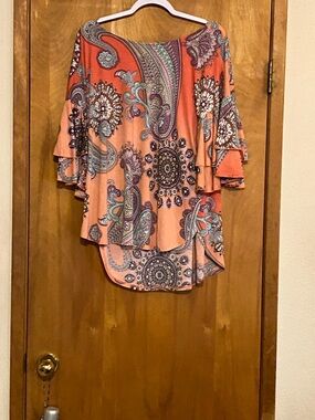 Paisley Flutter-Sleeve Tunic in Coral